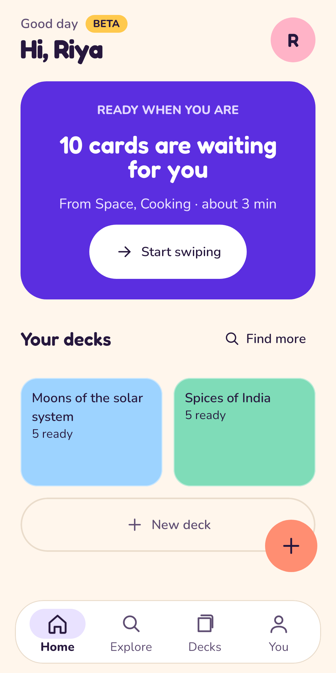 The home screen with deck tiles and cards due today