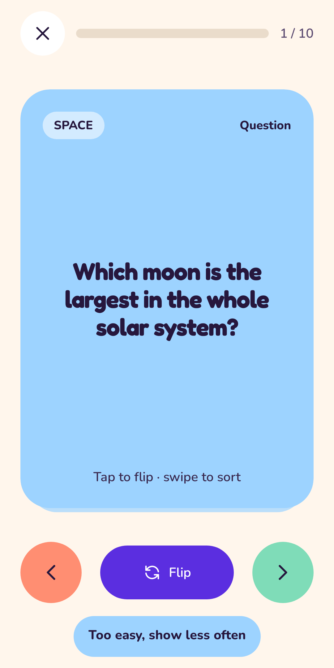 Pocketful showing a flashcard question with Flip and Got it buttons