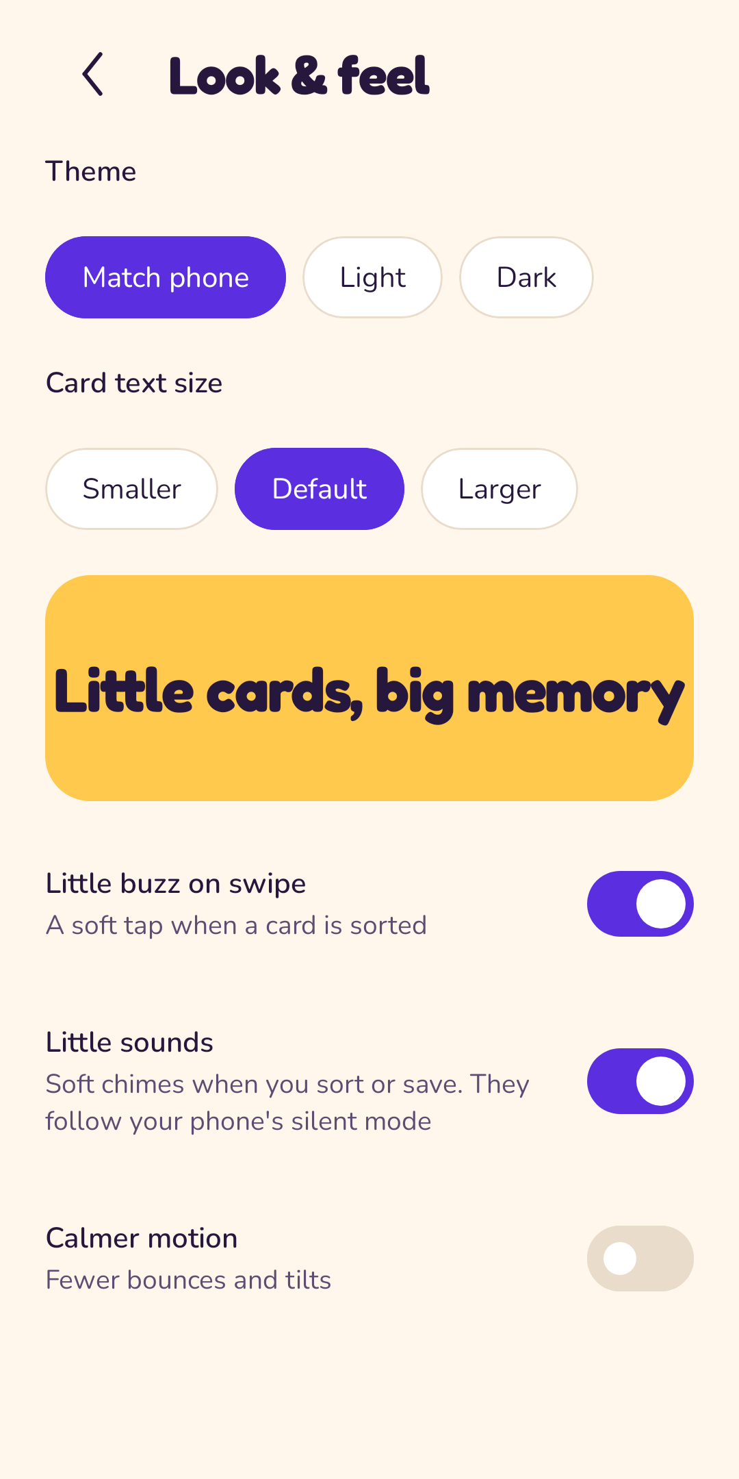 Appearance settings with theme and text size